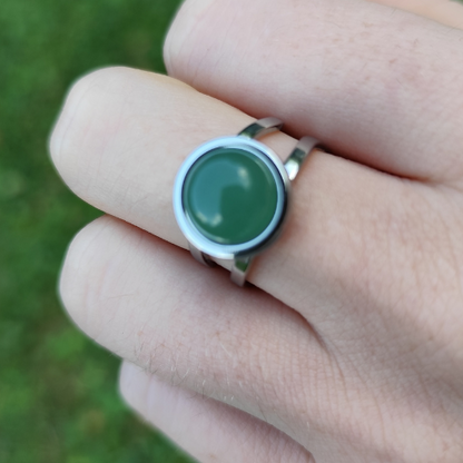 Bague en Acier Inoxydable Argentée Ronde Aventurine Verte